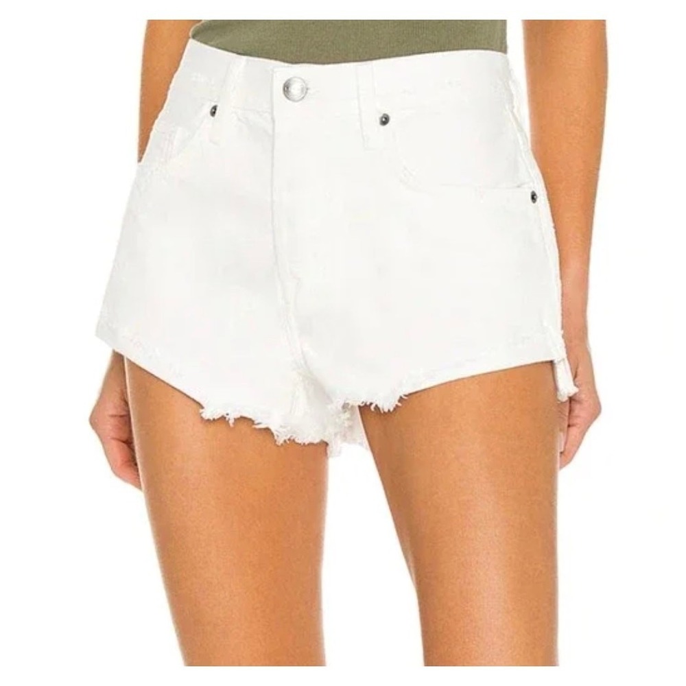 FRAME White Rumpled Blanc Grind High Rise Raw Hem Fringe Denim‎ Shorts Sz 34